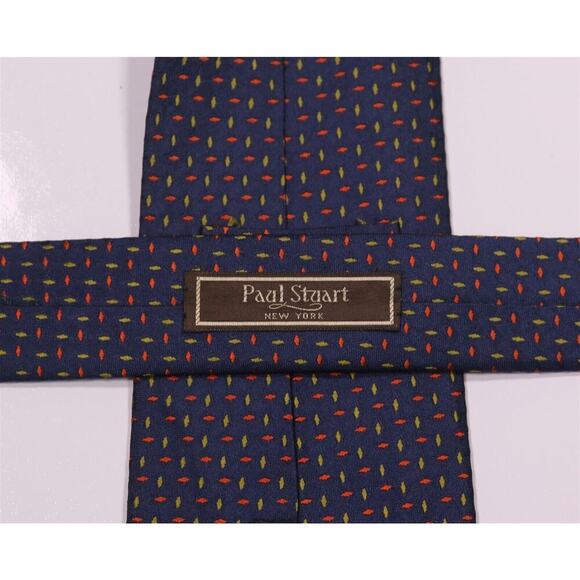 Paul Stuart Blue w/ Lime Green/Pink Geometric Jacquard Silk Handmade in Japan - Picture 5 of 6